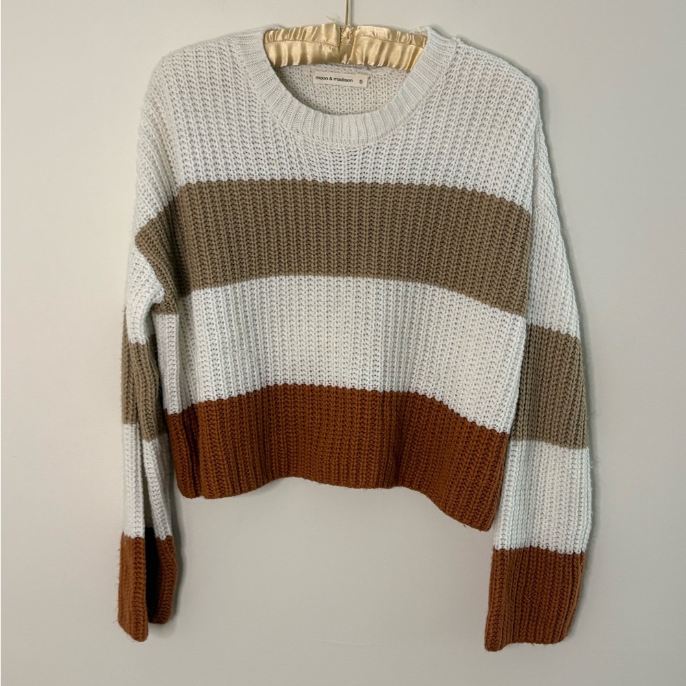 moon & madison White, Taupe & Rust Striped Knit Crewneck Sweater